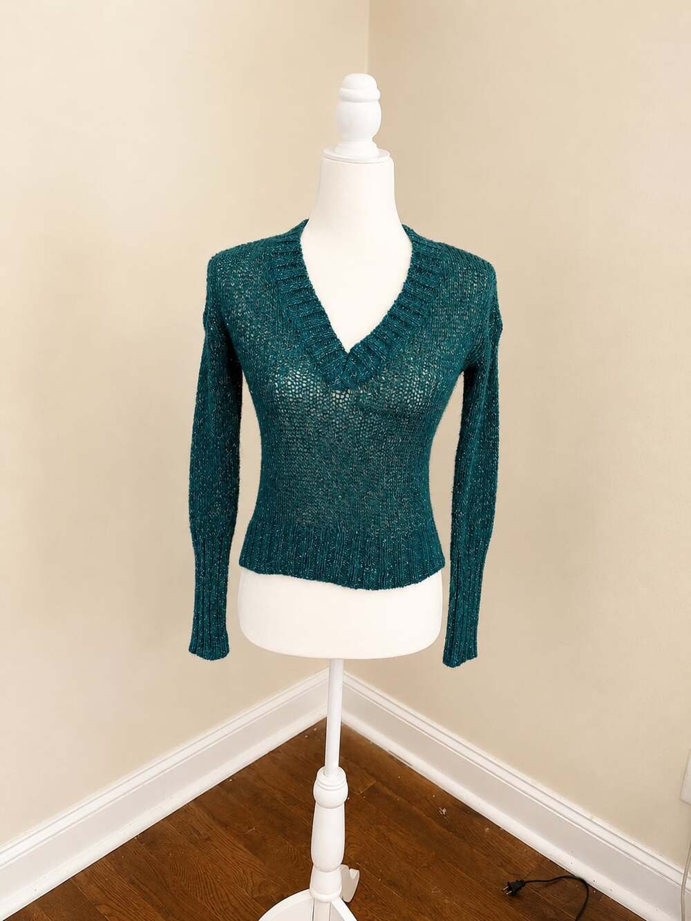 Mudd Women's V-Neck Teal Sequined Metallic Knit Sweater Size XS